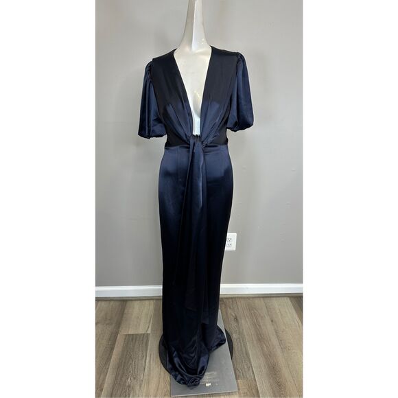 NWT Galvan London Plunge Eden Tie Waist Satin Wide leg Jumpsuit Midnight $1725 - Picture 4 of 10